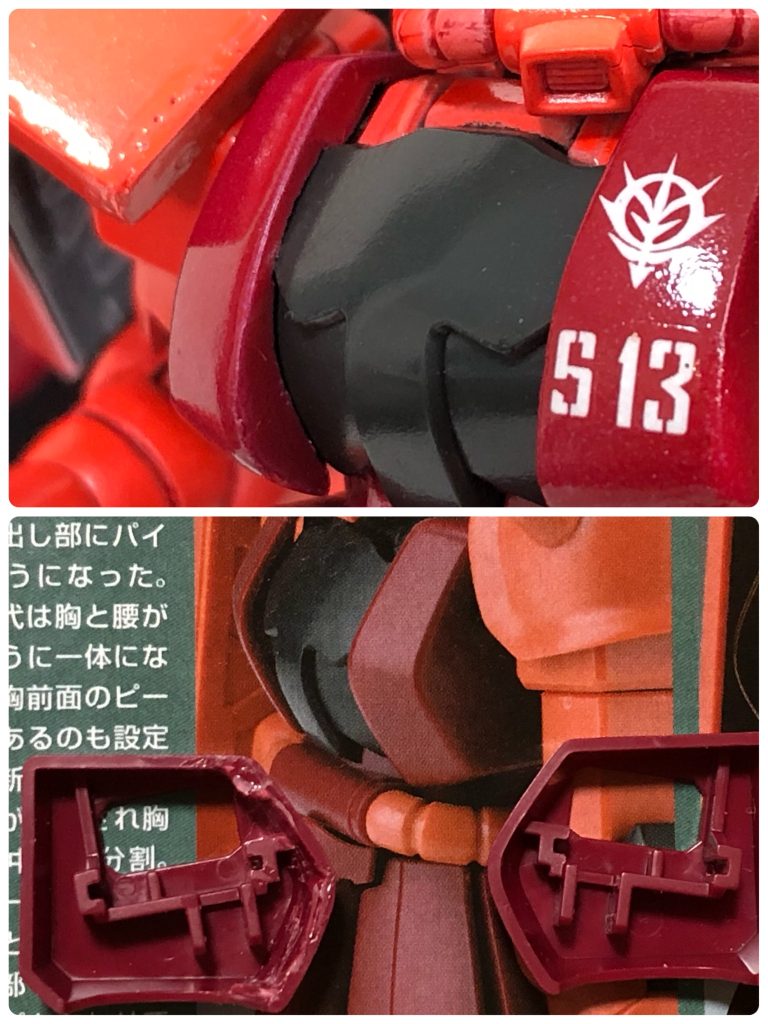 胸の左右パーツはペラペラの板状なのでコクピット部分とのスキマを埋めてエポキシパテを盛ってピーク部分を下げます。シールドの裏をエアブラシでダークグレー塗装するのにマスキングしたくなかったので、肩上部の折り込み部分をプラ板で覆い、塗装後裏からハメ込めるように裏側のダボをナナメに削ってます。