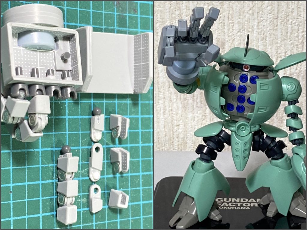 ウォドムハンドはプラ板を貼り合わせてプラ棒で連結した指に、箱組みしたカバーを被せました。カバーが関節を挟む事でプラ棒が抜けません。指の付け根はボールジョイントなので、指の股も開きます。