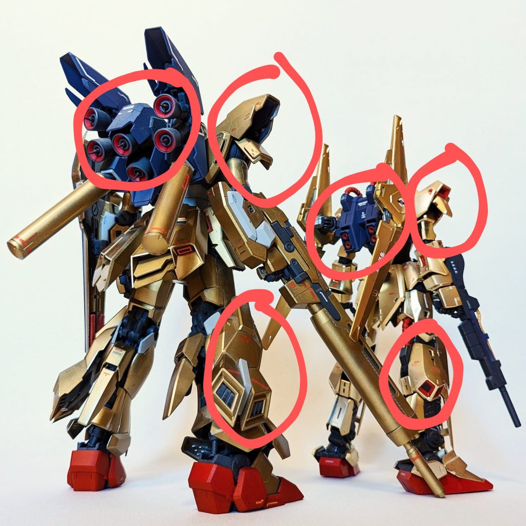 MG 1/100 百式 Ver.2.0 背面比較①背面比較・肩の上腕ガード・脚のスラスター・バックパックのバーニア(中列除けば…)