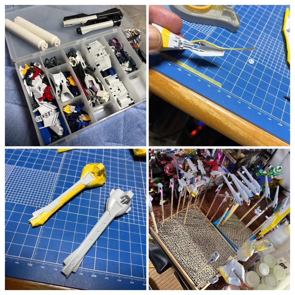 塗装開始です。部品洗浄してマスキング、まずはグレーを吹いていきます。サフをそのまま色として使ってます(*´꒳`*)