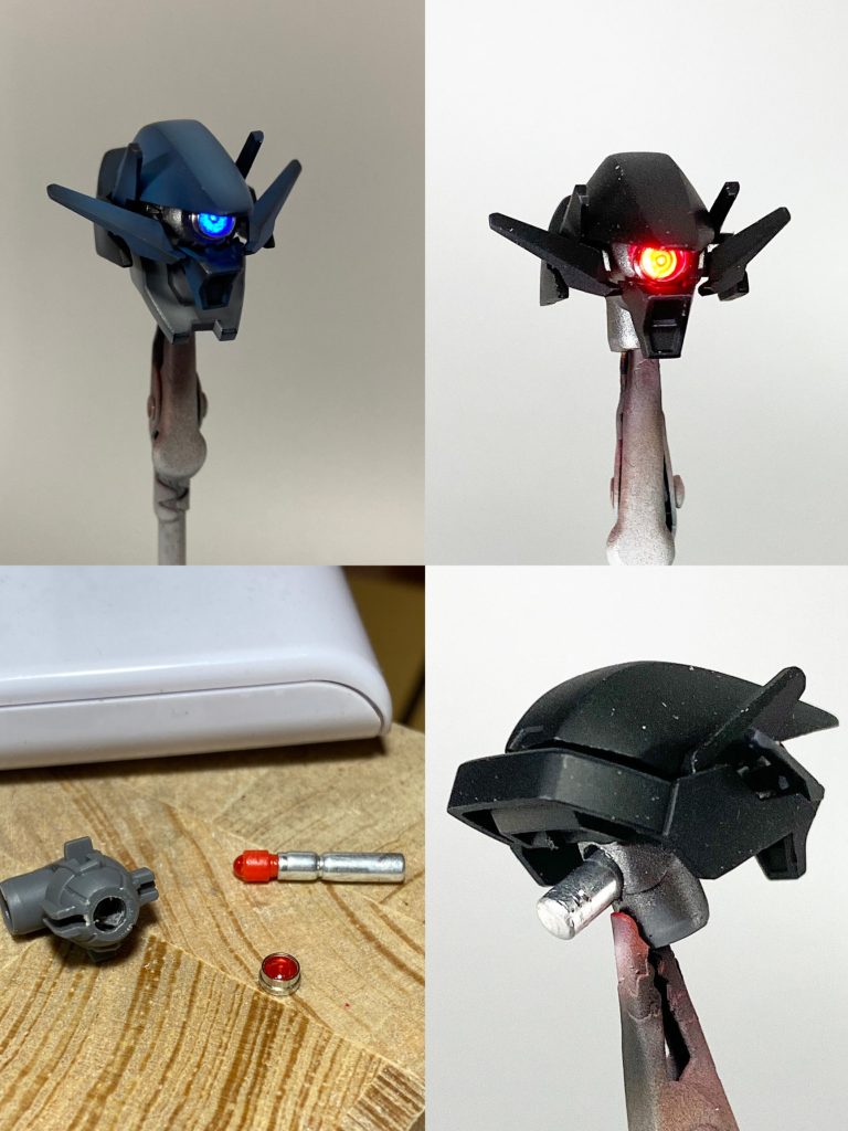 ミライト仕込み風景。便利&お手軽にLED電飾が出来るので助かります。今回は首の後ろに思い切り突き出てしまっていますが、こういうデザイン‼︎と言い張ってしまえばこっちのもの。