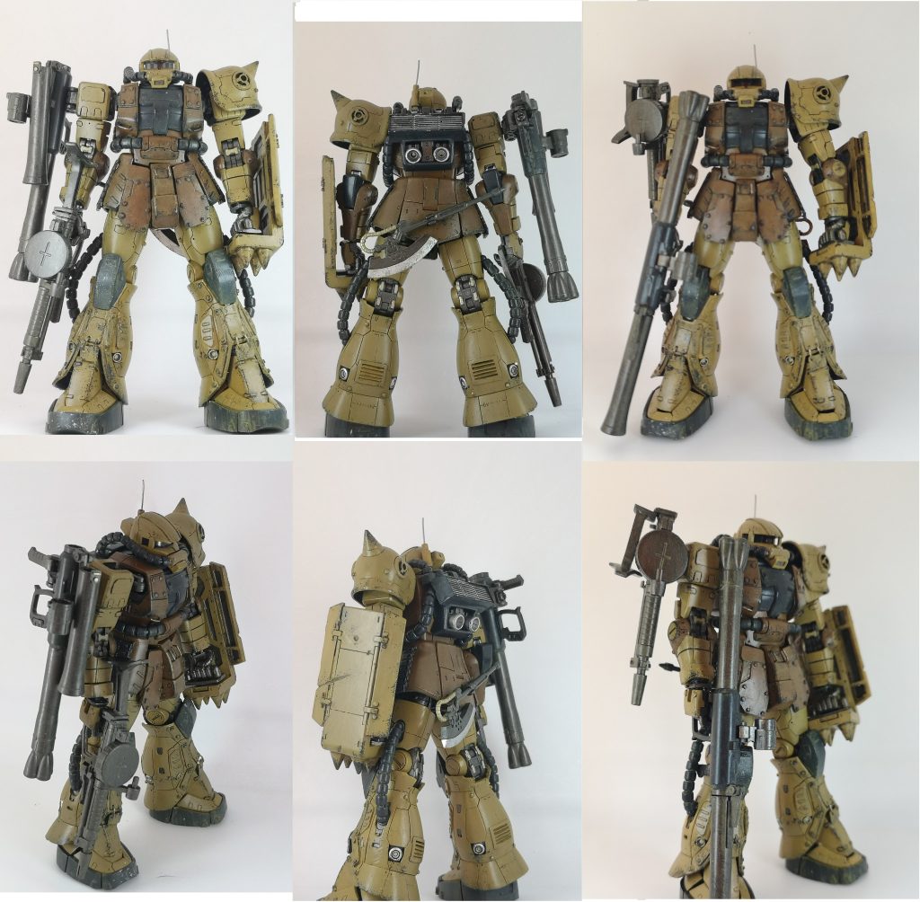 武装状態 右肩ウェポンラックにはバズーカ、マシンガン共に装備可能。また、バズーカは行軍時に大きさが障害となるため砲身を折り畳み式にすることで携行性を向上右肩から取り外されたシールドは装甲を追加し大型化し、左腕に装備させることにより射撃時、近接戦闘時ともに防御力を強化することに成功。しかしながらマシンガンとバズーカの持ち替え時には一度手放す必要があり、作戦時の武器運用に問題が生じる事もあった