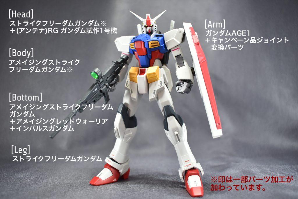 制作工程ですが、制作途中の写真が残っていないのでミキシングに使用したパーツをご紹介します。ベースキットはアメイジングストライクフリーダムガンダムです。元キットの個性が突出した部分は敢えて取り除いたことで初代ガンダムらしい雰囲気が現れました。そこに更に初代ガンダムっぽいパーツを組み合わせていきました。頭部アンテナはRGのガンダム試作1号機のアンテナを使用。ちょっとオーバーサイズかと思われますが良いアレンジ感になったかと…あと、写真説明で抜けていましたが、手はコトブキヤのノーマルハンド2000を使用しています。