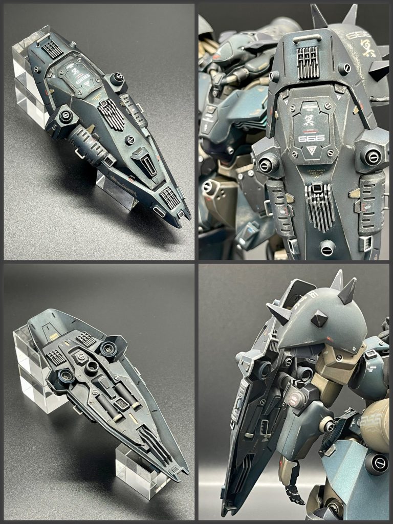 シールドはパーツごつ盛り。肩アーマーが干渉しないように接続箇所を加工。カラーリングは、ノーマルの2色構成から単色グラデに変更。