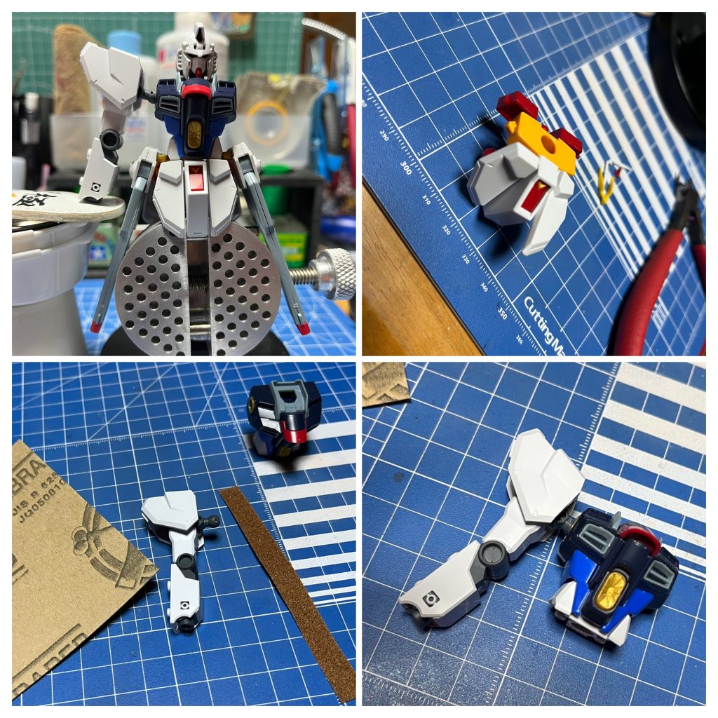 胴体をストフリのスマートな物に変えることでスタイルを変化できないかということでミキシング開始…フロントスカートもνだと大きすぎるのでストフリに変更、接触部を削って可動を確保。EGの肩ボールが微妙に大きいので、削って入るようにしました。