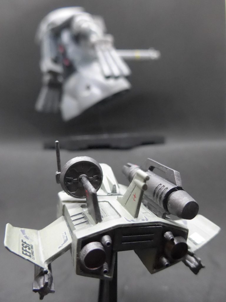 J：あのMSは照合データがないが、火力が強そうだ。先制攻撃をかける！撃破には至らなかったが、戦闘不能にはできたようだ。（ジュアッグ高機動型（https://gumpla.jp/old/1078875））かくしてコアファイターの投入が功を奏し、ホワイトベースの突入路確保に成功した。さらにこの後、ジョブ・ジョンはホワイトベースのクルーを載せたスペースランチを操縦し、見事脱出に成功したのは周知のとおりである・・・。 ここまでお付き合いいただきありがとうございます。イイネやコメントいただけるとさらに嬉しいです。余談1：結構気に入った1枚があったのですが、上記に入れにくかったので、後ほどストーリー投稿に入れさせていただきます。余談2：ガンスタの公式タグは「コアファイター」ですが、世間では「コア・ファイター」とも書かれますね。