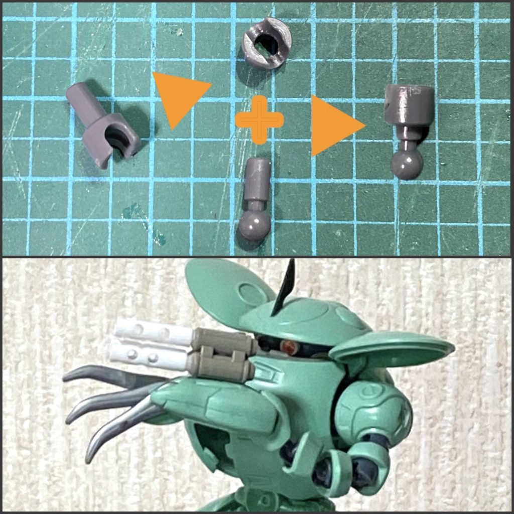 各所のボールジョイントは、HOBBY BASEのボールジョイントミニを使用。凹パーツのピンをカットし、底面に穴を開けて◯パーツを接着。コレを4つ繋いで、キットの外装を切り離したものを被せて腕を構成しました。非常に堅い素材で抜群の保持力なので、関節がダレる心配がありません。それはもう一度はめたら二度と外せないほどで、仮組後に切開する羽目になりました。以後は凹の端をカットして保持力を調整、パッケに上級者向けと書いてありました。ナルホド…😅