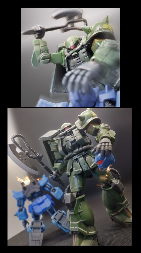 おもむろにドーーーーン！！ん？首ちょん切ってもMSは動きますよね…いやきっと斧を振ると同時にコクピットにも膝蹴り入れてパイロットを失神させた模様。