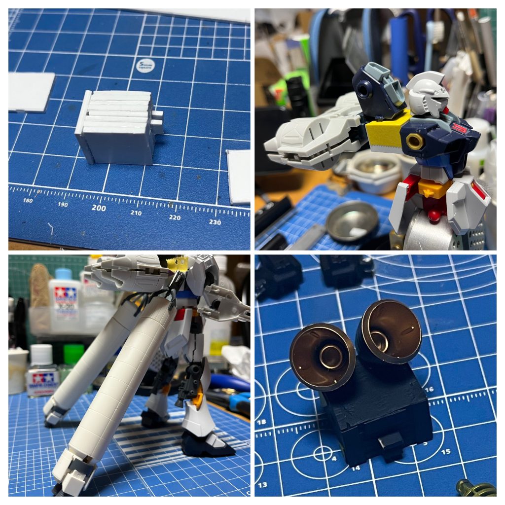 ミーティアを接続するアダプターです。強度が欲しかったので1.5mmプラ板を積層にして外から囲うという、箱組みというのもおこがましい仕様ですwこれのおかげで、フル装備状態でも肩の可動は死にません。フルアーマーユニコーン等にも使われている大型ブースターと組み合わせて、ユニット化しました。ミーティアと一体化できると良かったのですが、諦めw