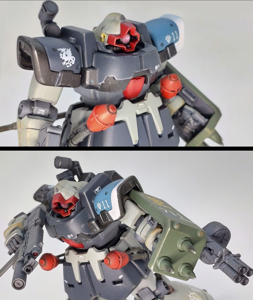 発煙筒はヒートサーベルの取り付け穴をそのまま利用して付けてます。初回作のザク改と同じ部隊機にする為、配色やデカールの感じを統一(というかザク改の方をドムに合わせた)