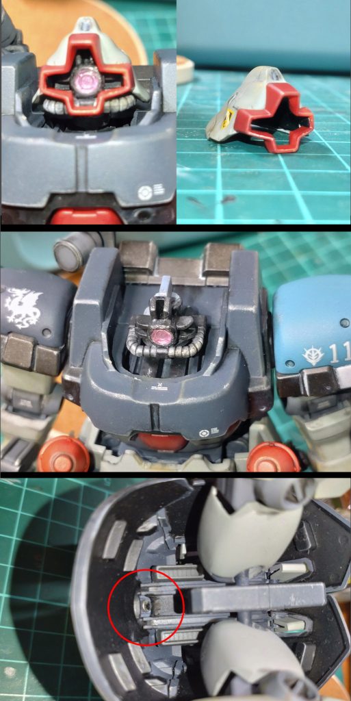 頑張った改造ポイントは頭部のディティールアップです。アゴを引けるように首元もくり貫いてます(これって定番改造なの?)。ネオジム磁石は背面ラック裏に瞬着で貼り付け(赤マル箇所)。