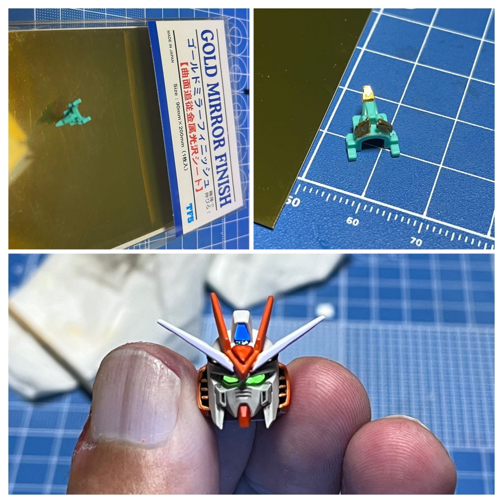 頭部の仕上げです。アイレンズとセンサーにゴールドフィニッシュシートを貼り、蛍光イエロー/ブルーで発光するように。フィニッシュシートは粘着力が弱いので瞬着でなんとか付けました…無理矢理ですが上手くいってますね^_^;