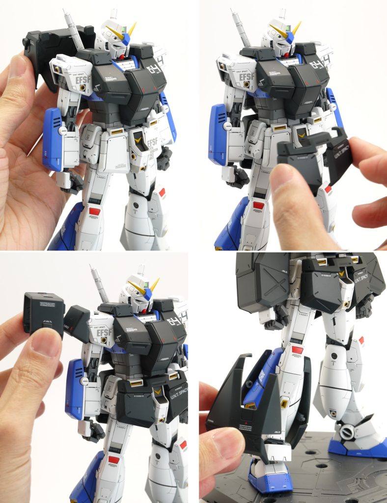 チョバムアーマーの脱着方法です。胸:前方部とランドセル部で分割してあります。接続部のマグネットで固定されます。肩:先に外側のブロックの突起を肩フックの穴に通します。次にアーマーを外側から被せると、内側のマグネットで固定されます。腰:前後ともに上から被せるとマグネットで固定されます。腕・脚:キットのまま、ポリキャップでの固定になっています。