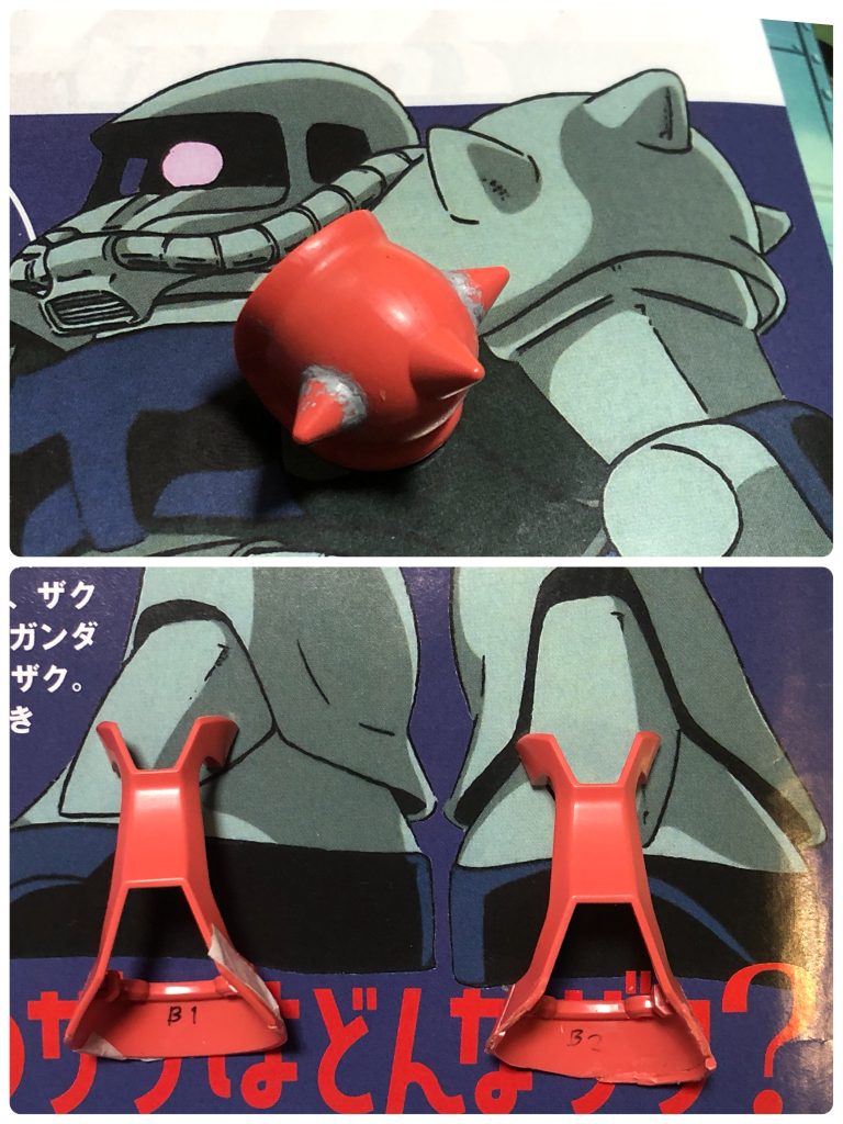 肩アーマーはスパイクを尖らせず、別パーツ化せず、鋳造一体製造のように、原始人の骨鎧のようにしました。脚裾は内側をカットして短く、それを外側に貼って延長して非対称にしました。写真左はノーマル、右は改造後です。1980年代当時、旧キットはよく作っていたのですが、初代MGザクでいろんな作例を見過ぎで改造するも収集がつかず挫折。(未完成放置ヽ( ・ᴗ・̥̥̥   ))今回は約30年ぶりのガンプラ再挑戦なのです。なのであまり改造せずとにかく完成を目標に作り始めましたが、やはり改造の魅力からは逃れられず、完成に2ヶ月以上かかりました(;゚ Д゚)ノきっかけは『月刊モデルグラフィックス』2021年5月号の特集記事「ザクって難しい!」を読んだこと。いろいろあるザクから新HGUCを選ぶも品薄と転売による価格高騰で待つこと1年半、2022年末商戦の店頭入荷でヨドバシさんとジョーシンさんに通いシャア専用ザク3つゲット。