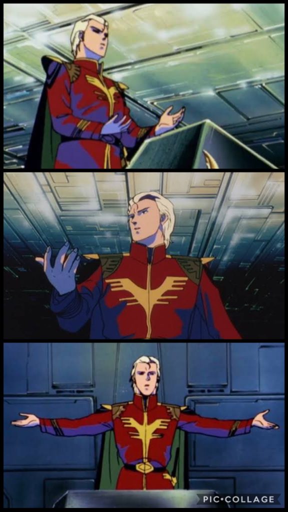 カイザス 「今日も結構な演説でした。坊やのくだりのトコ、最高です。」シャア 「しかしギレンの演説の真似事とはな。これでは道化だよ。」ホルスト 「いや、ネオジオンの総帥としてイメージ作戦をしませんとな。」シャア「わかってはいるが、何故ギレンの真似事などを。」ホルスト「演説はガンダム作品の華です。演説が皆の印象に残るかどうかで今後の作戦の是非が変わるのです。総帥は“wiki・ガンダム・演説”で検索された事は?」シャア「無いが?」ホルスト「ならばご覧ください。歴代のガンダム史に残る名演説の数々を。」シャア「どれどれ。ほう、私のダカールでの演説が載っているな。流石、私。という所か。」ホルスト「問題はそこではありません。“逆襲のシャア”の欄をご覧ください。」シャア「む...何処だ?見当たらないが....。まさか逆襲のシャアでの私の演説が...wikiの何処にも無い...だと!?」ホルスト「そうです!映画で演説シーンがあったのにも関わらず、wikiに未掲載なのですよ!つまり世の中一般的には、何の印象も残らなかった、という事です。」シャア「な、なんという事だ...!」ホルスト「だからこそ、ガンダムで最も有名なギレン総帥の演説を練習する必要があるのです。解りましたか?」シャア「く....。わかった...!しかし解せぬものだ。」ホルスト「無かった事にされたのですよ?総帥。」シャア「むう。」ナナイ「大佐、演説の次は”連邦高官共に反省を促すダンス”の時間です。」シャア「ああ。しかし...そのダンスに効果はあるのか?」ナナイ「ええ。反省を促すと言えばコレです。人気ですので。」シャア「そうか。それはそうと、私専用のMS開発状況はどうなっている?」ナナイ「ダンス後に報告させます。」シャア「わかった。」