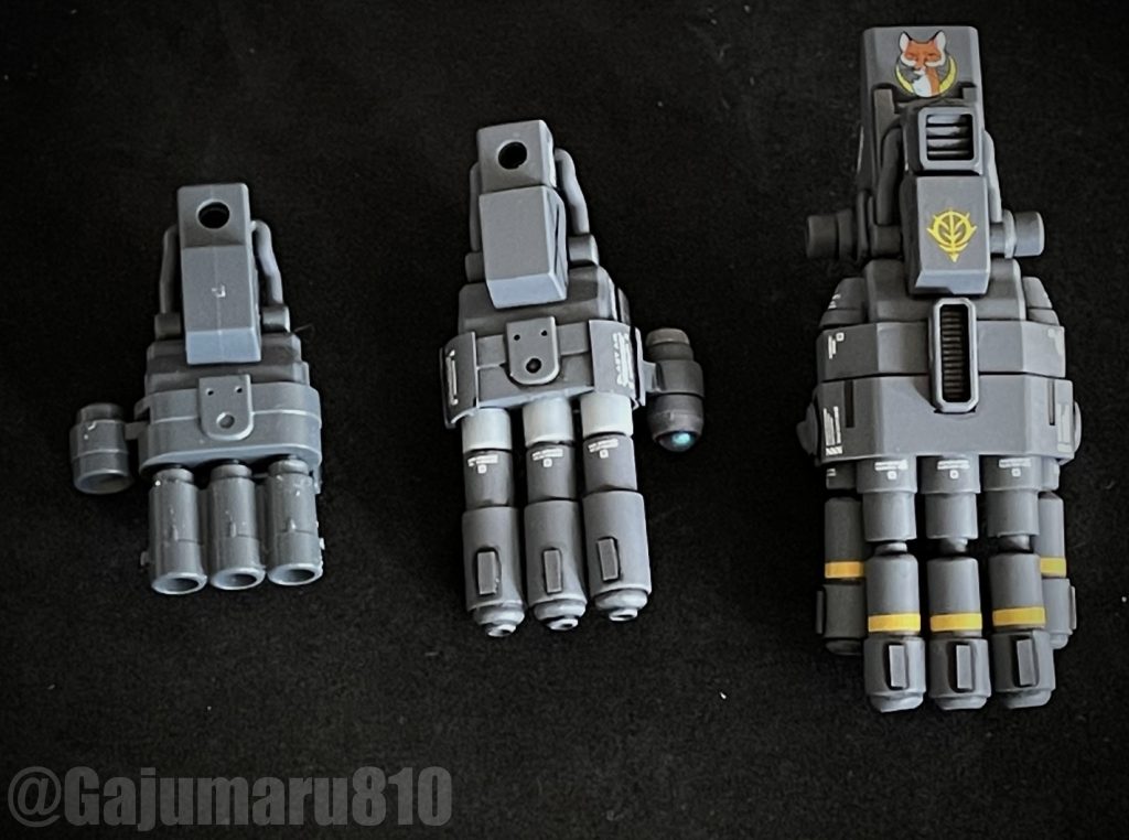 左:グフカスの75mm3連装ガトリング。中:グフカスのガトリングを改修したもの。右:グフカスのものを芯に、85mm5連装ガトリングを作りました。