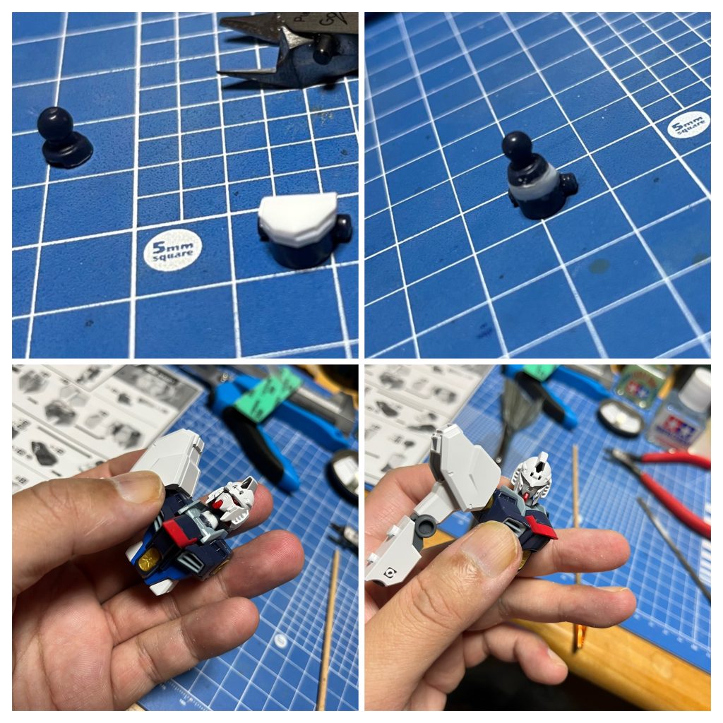 νの頭が大きく、うまく刺さらないので、首を2mm延長。頬が当たるので襟を全体的に削って可動を確保してます。初めての延長工作ですが、うまくいってよかったです^_^;