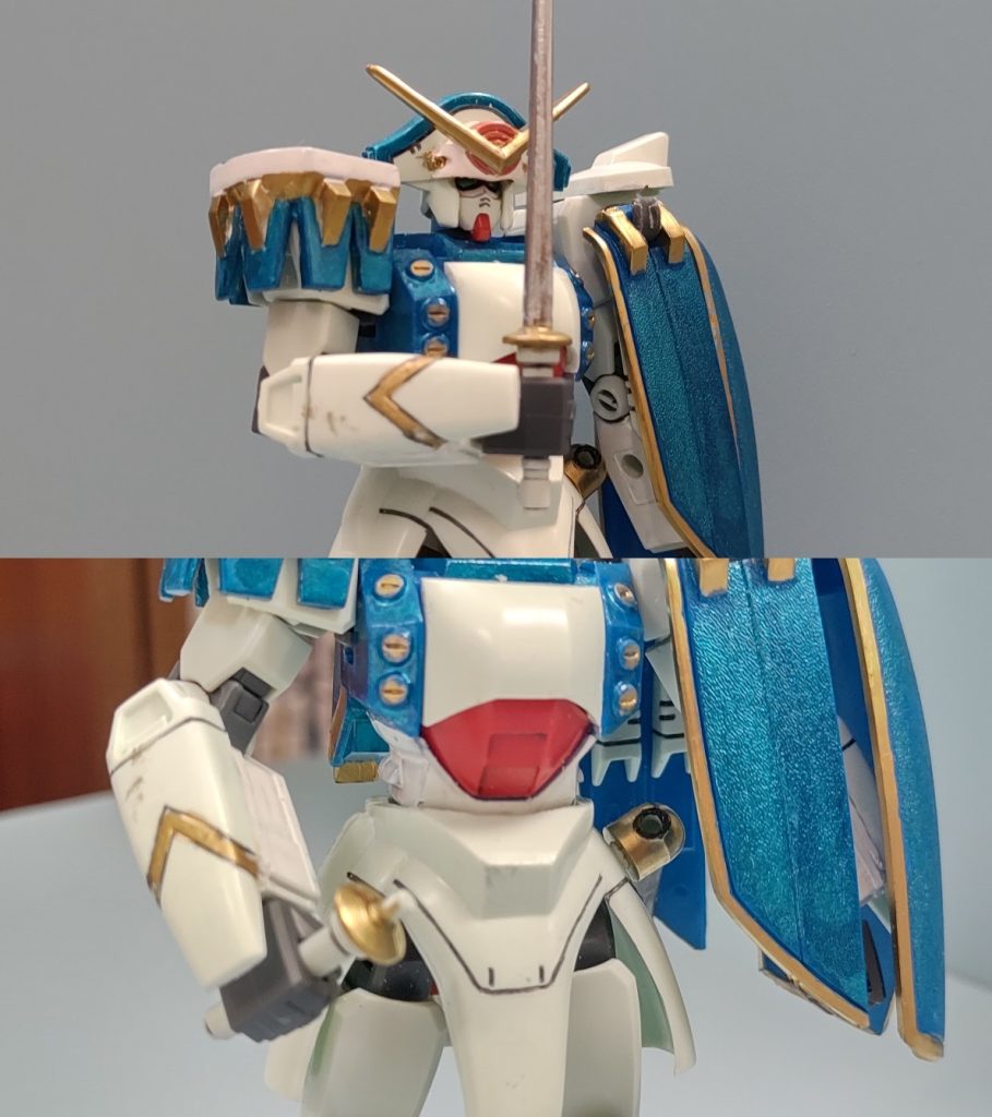 シュバリエサーベルは抜刀状態と納刀状態で別々です、差し替えで抜けるようにはしました。持ち手は部分はＥＧガンダムのビームサーベルを丸々移植です。