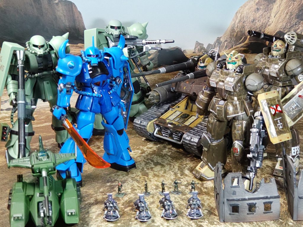 使ったキットHGガンキャノン最初期型HGガンキャノン機動試験型HGガンタンク初期型HGUCグフ(リヴァイブ)HGUCザク地上戦セット旧キットマゼラ・アタックTOMYTEC廃墟セット…等々