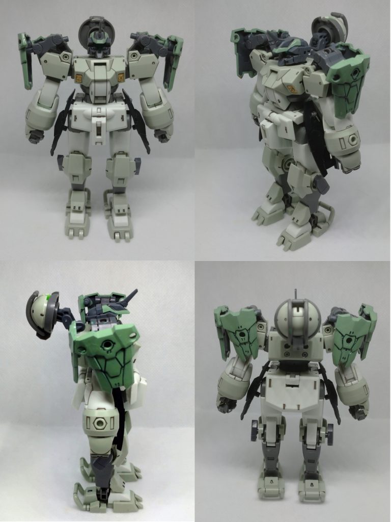 ロケットブースター未装備での素立ちを各方向から。 主な改造点は ・頭部すげ替え ・肩にシールドを増設 ・腰と膝にスラスターっぽいものを増設 です。あとはデミトレーナーのキットそのまま、武器もデミトレ武器セットからです。デミトレ部分は色も特に塗っていません。 頭部はイケメンにしたかったので30MMカスタマイズヘッド1に挿げ替え。でもデミトレーナー本来の頭部も好きなのでサブセンサーとして機体後部についています。 肩部シールドは30MM戦国アーマーから。ジョイントは未使用パーツ箱に入ってた30MMとMSGです。本当はシールドの裏にスラスターなりバルカンなりつけてみたかったのですがいいパーツが見つからず断念。 腰部、膝横の増設スラスターはジャンクパーツから適当に拝借しています。