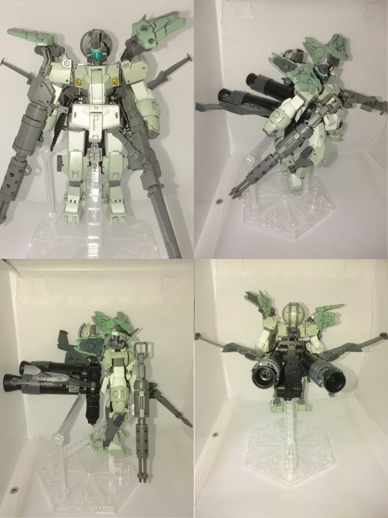 ロケットブースター+デミトレ武器セット長物銃装備。 背面ロケットブースターは主に30MMエグザビークルのスペースクラフト、アタックサブマリンあたりから別プラモの改造では使わなかったパーツをかき集めて作っています。 最近は3mm経穴を組み合わせるだけあらゆるパーツが作れるためとても便利ですね。 エアリアル用のフライトユニットもかっこいいですが、デミトレーナーに合わせるならぶっといロケットだろ、という偏見の元チョイスしました(※そもそもミラソウル社製フライトユニットが買えていない)。 当然自立しないです。