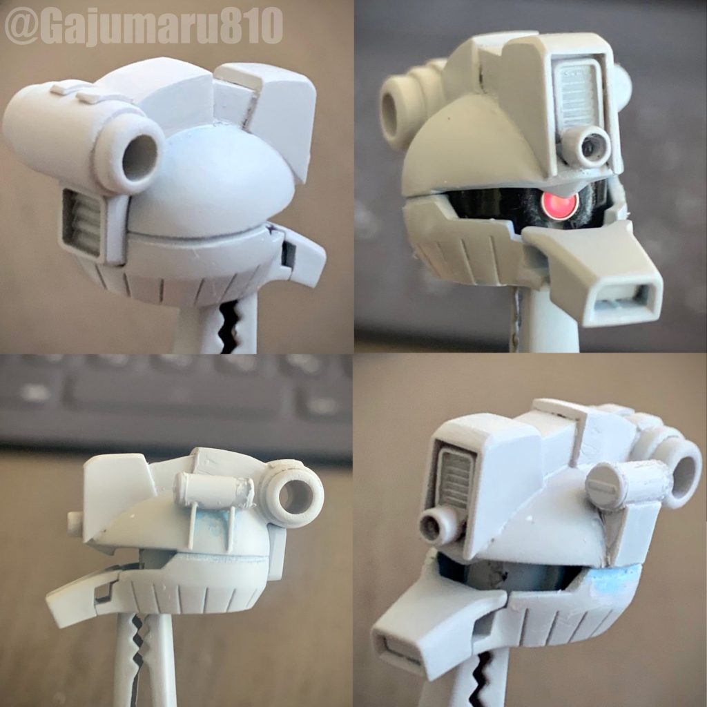 頭部はグフカスをベースにプラ板・プラパーツ・パテで作りました。オデコの穴(30mmマシンガン砲口)もプラパイプで。