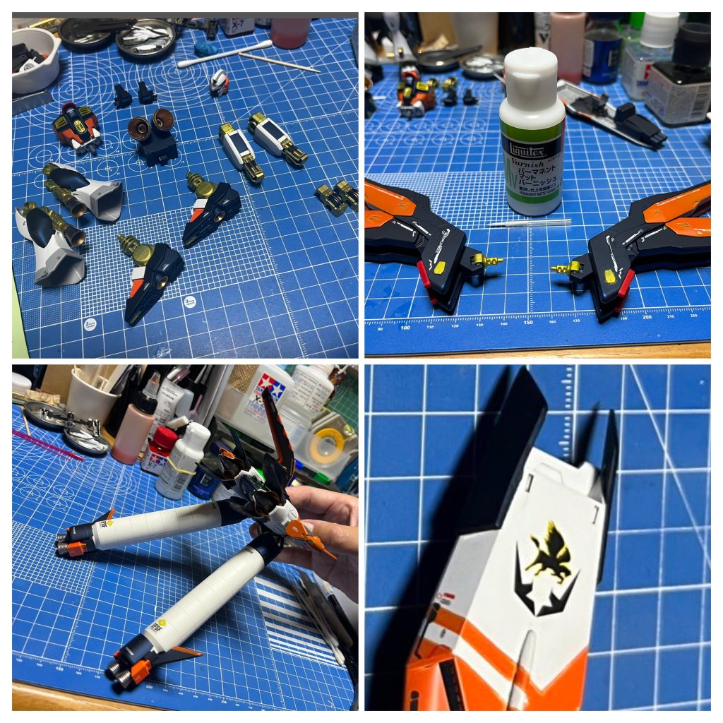 組み付けながら細かい部分の塗装、接着をしていってます。関節が緩そうな部分にはマットバーニッシュを塗布。そういえば、シールドのパーソナルマークは全く関係ないプラモからの流用なのですが…なんなのかわかった人はすごいと思いますw
