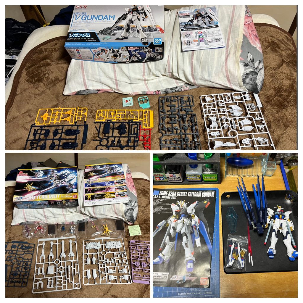 材料はこちら、EGνガンダム、ガンダムコレクション1/400ミーティア、ジャンクのHGCEストライクフリーダムです。今更ながらよくここから完成に持ってったなと…(*´꒳`*)