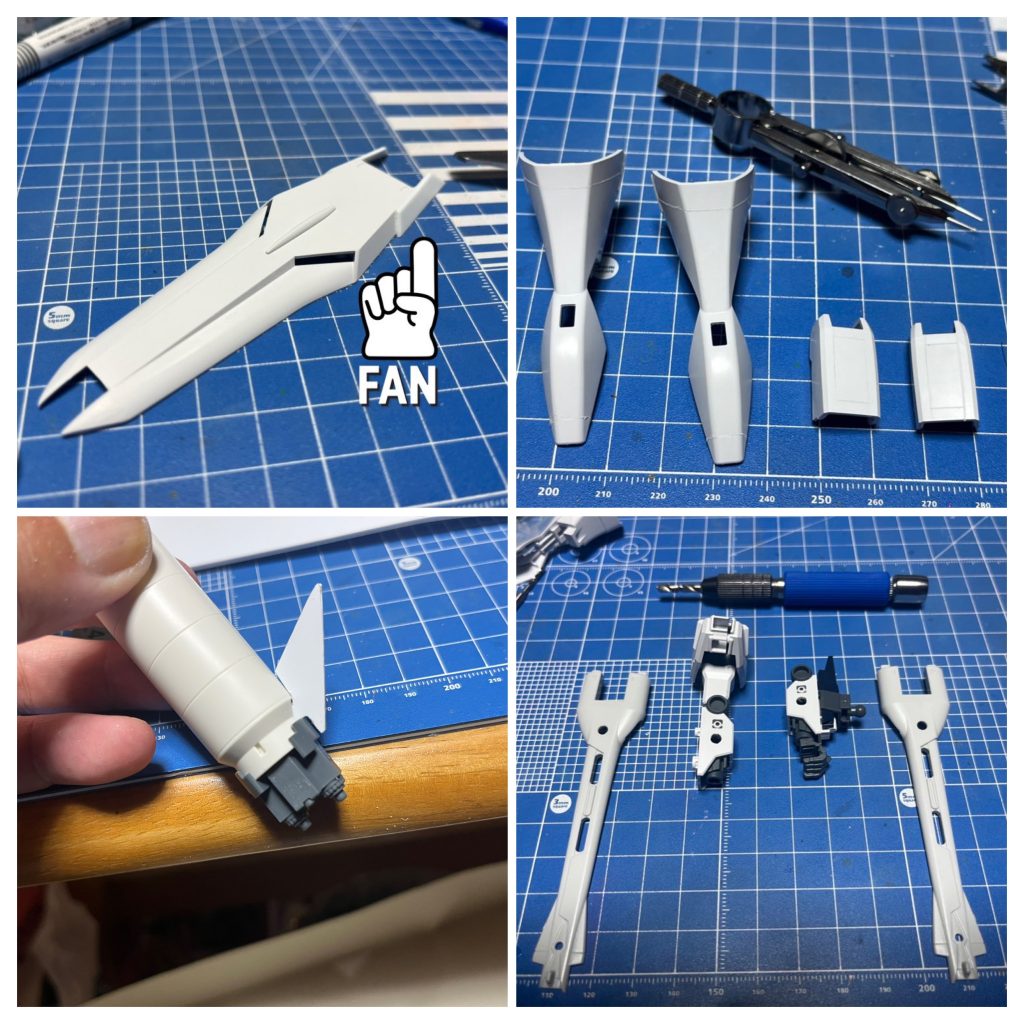 シールド上端をプラ板で延長。スジ彫りは多少やってみましたがヨレヨレになったので塗装で誤魔化しますw大ブースターの末端は寂しいのでプラ板でウィング追加…これ意味ある？w あとはミーティア合体時の砲身を腕に接続する穴を開けてます。砲身に3mm軸を生やして差し込みです。