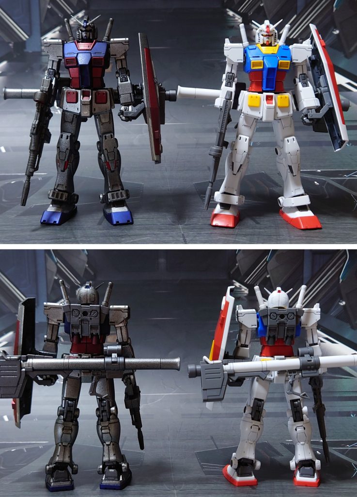 ガンダム(オリジン版・中期型)との比較。それにしても、このガンプラはヒケが凄かったですね。中身のオリジンガンダム部分なら金型の劣化かな？で済むところですが、新規パーツ部分も結構ヒケていました。可能な限り平らにしたので、その成果が見えたら良いなと思います。