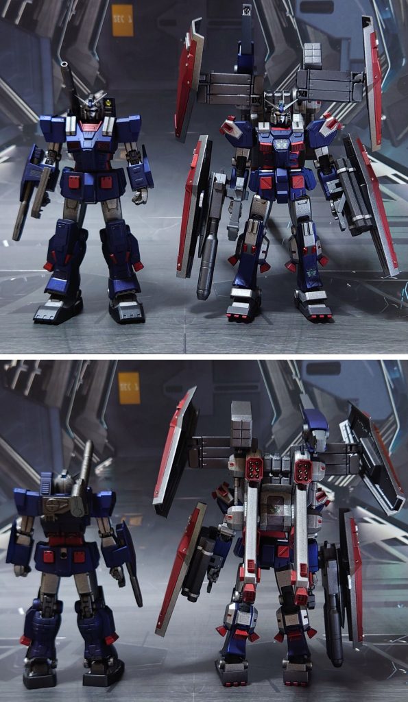 フルアーマーガンダム(サンダーボルト版)との比較。■塗装レシピ銀：黒サフ→シャインシルバー→つや消し青：黒サフ→シャインシルバー→ディープメタリックブルー→つや消し赤：黒サフ→メタリックレッド→つや消し黒：黒サフ→メタリックブラック→つや消しバックパック追加パーツ・2連ビームライフルグレー：黒サフ→シャインシルバー→メタリックグレー→つや消し関節・その他武器類グレー：黒サフ→ガンメタル→つや消しポリキャップ：PPプライマー→ガンメタル→つや消し金属パーツ：金属プライマー→メタリックレッド→つや消しビームサーベル刃：根本にベースホワイト→先端にメタリックレッド→蛍光ピンクセンサー類：トップコート後に市販パーツ貼り付け頭部メインカメラ・リアカメラ：黒サフ→シャインシルバー→市販シール素材→つや消し頭部ツインアイ：黒サフ→ガンダムマーカー・メッキシルバー→ガンダムマーカー・メタリックオレンジ→光沢その他部分塗装、墨入れ：ガンダムマーカー各種→つや消し