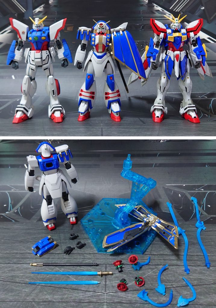 HGFCシャイニングガンダム、RGゴッドガンダムとのサイズ比較と、付属品一式。左の平手が無いことだけ惜しいですが、流石の出来栄えとエフェクトパーツのお陰で、ブンドドファイトにも熱が入りました。