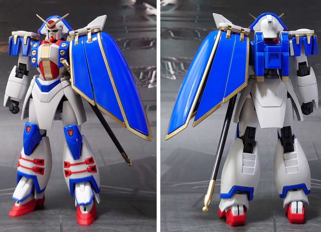 ガンダムローズの前後ろ。ガンダムマーカー素組でも充分そうですが、少々の工作に僅かなカラー変更、墨入れ・影色控えめ、光沢・つや消しの合せ技で仕立ててみました。■塗装工程白、赤:つや消し青:グレーサフ→コバルトブルー→光沢金:黒サフ→ブラック→メタルゴールド→光沢関節等グレー:黒サフ→MSグレー連邦系→つや消し頭部アンテナ基部赤、ローゼスビット花弁:黒サフ→シルバーリーフ→クリアーレッド(3回)→つや消しローゼスビット茎:黒サフ→メタリックグリーン→つや消しシュバリエサーベル鞘グレー:黒サフ→MSグレー連邦系→つや消しシュバリエサーベル刃、ローゼスビットエフェクト:MSホワイト、メタリックブルーで塗り分け→全体に蛍光ブルーセンサー類:付属シールを使用(トップコート後に貼り付け)その他部分塗装、墨入れ:ガンダムマーカー各種(つや消し前に実施)