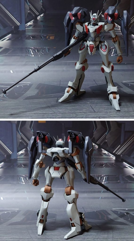 ガンダムファラクトの前後ろ。工作はいつも通り、肉抜き穴埋め、パーティングライン・段ズレ・ヒケの対処、一部パーツの合わせ目消し、市販パーツ埋め込みによるディティールアップを実施。手首は他社パーツに置き換え、ビームサーベル刃はイエローに変更。首関節を2mm延長、肩の3mm穴に適当な装甲パーツを取り付け。更に、追加武器として他作品のキットから、ガトリングガンとバスターランチャーを用意しました。なお、チンガード(顎の追加装甲)については、塗装までしてありますが、基本的に装着しません。