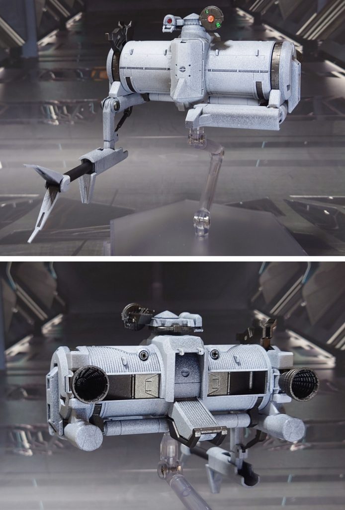 オッゴの前後ろ。シンプルに合わせ目消し、穴モールドの開口、市販のプラ・金属パーツ貼り付け/埋め込みでディティールアップ工作を実施。塗装については、金属色(ガンメタル)の上から、白をわざと粗く•完全に塗りきらないようにして、何かいい感じに見えないか試してみました。