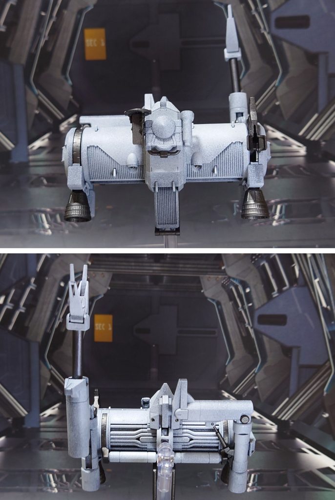 オッゴの天面と底面。■塗装工程本体白:黒サフ→ガンメタル→ベースホワイトを粗めに→つや消し本体グレー:黒サフ→シャインシルバー→メタリックグレイ→つや消し武器類黒:黒サフ→黒鉄色→つや消し台座:黒サフ→ブライトガンメタル→つや消しセンサー類:市販のプラ素材、シール素材を使用(トップコート後に実施)
