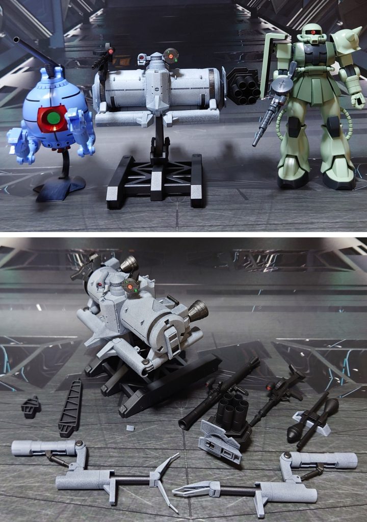 ボール、ザクⅡとのサイズ比較と、付属品一式。右側マウントラッチは本来、分解して手持ち武器のグリップを挟む形式でしたが、思わず合わせ目消ししてしまったため、武器のグリップを削って挿し込み式に変更しました。