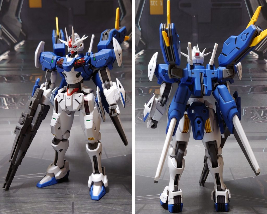 ビットオンフォーム、赤目で前後ろ。■塗装レシピクリアパーツ各種:光沢胸部金属パーツ:メタルプライマー→メタリックグリーン→光沢ビーム刃エフェクト(クリアブルー成型を使用)青:根本側にMSホワイト→先端側にメタリックブルー→全体に蛍光ブルー緑:根本側にMSホワイト→先端側にメタリックグリーン→全体に蛍光グリーン頭部センサー類:キット付属シールを使用(貼り付け後に光沢)その他部分塗装、墨入れ:ガンダムマーカー各種→つや消し