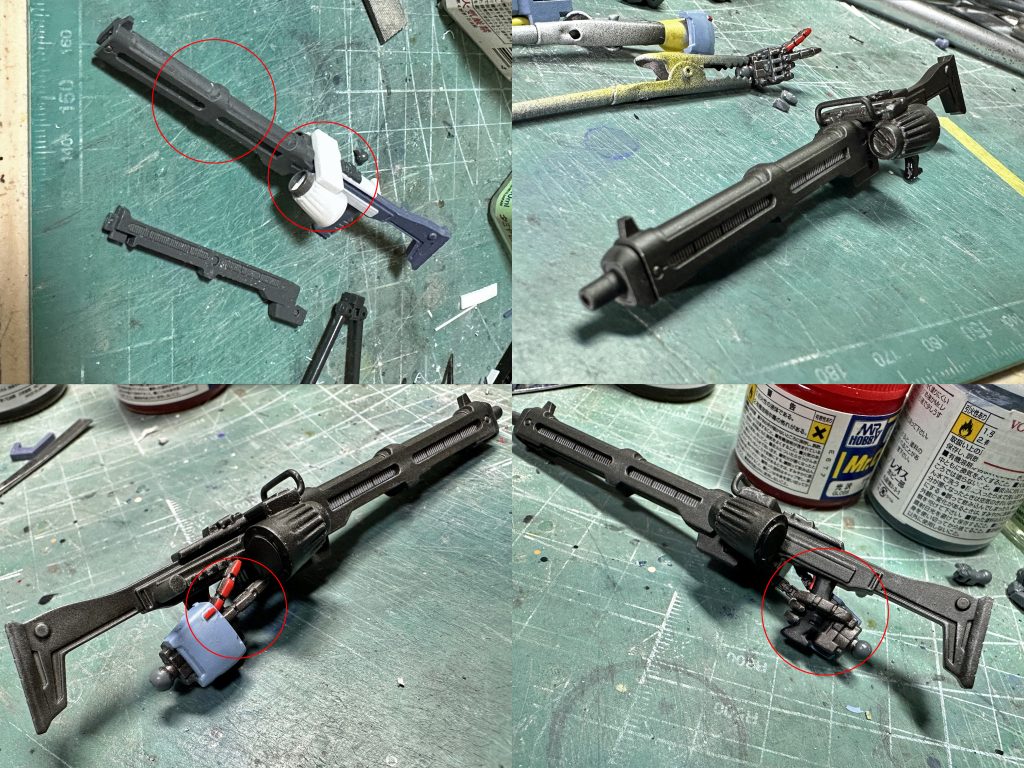 なんかカッコ悪いマシンガンだったので、ほとんどを作り替え。システムウェポン002のパーツを使いMG42風マシンガンにします。特徴的な2連ドラムマガジンは、100均の使い捨て瞬着のキャップ。ギザギザと円錐形が良い雰囲気。中央の機関部は元のザクマシンガンですが、ペラペラなのでプラ板を使ってボリュームアップ。 マニュピレータはMSハンドをいつものように関節から繋ぎ直して表情をアップ。そして人差し指も毎度ながら赤色に。