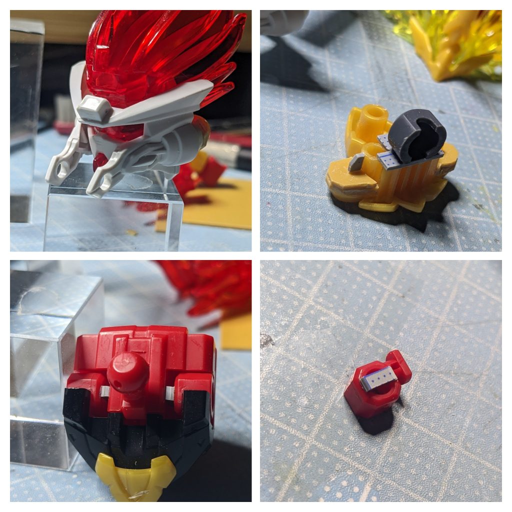 制作途中創傑伝フレームはここにプラ板貼れば肩幅を少し増せます。同時に胸部アーマーも左右1mmずつ幅増ししてます。