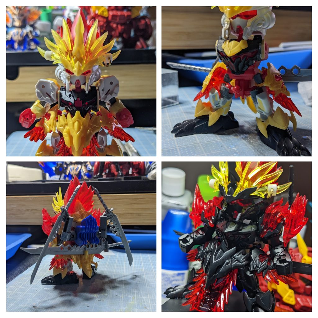 股関節はSMKフレームを参考にさせて頂きました。サイドアーマーは腰パーツに接着して足の可動域を増やしています。バックパックは曹操のあまりパーツとジャンクパーツより作成しました。