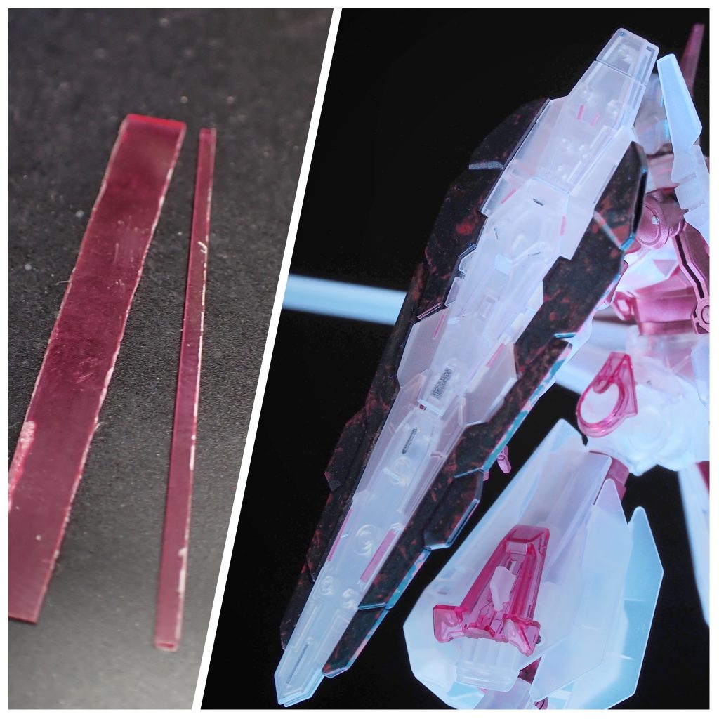 また、ルブリスのクリアピンクが綺麗なのでパーツを装飾に流用したり、ランナータグからプラチップを作って貼ったりしています。