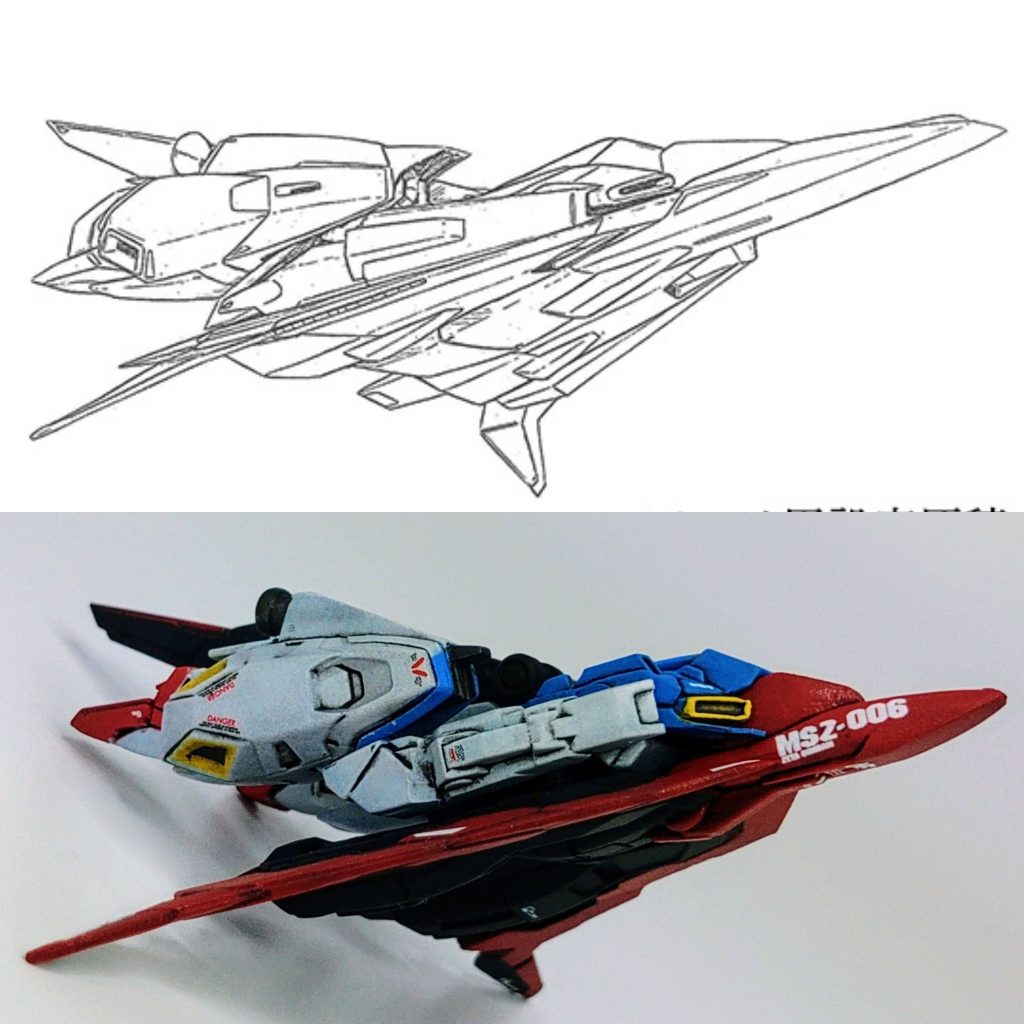なるべく機体を薄く、フライングアーマー部の翼の下向き角度にも気を付けました。アニメシルエットどうでしょうか?