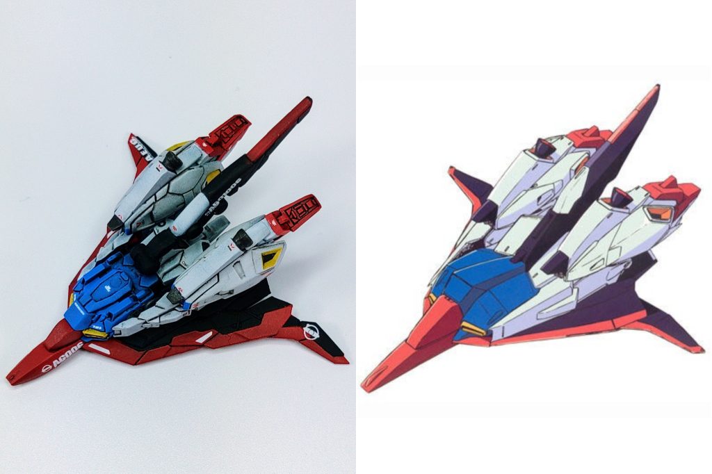 今回はアーティファクトのディテールは余り潰さず、アニメ原画のシルエットを目指しました。どうしてもアーティファクトは全般的にリア(尻)アーマーがデカくてウェイブライダー時に足が外側にハの字に開いてしまうので、そこだけは小型化しました。