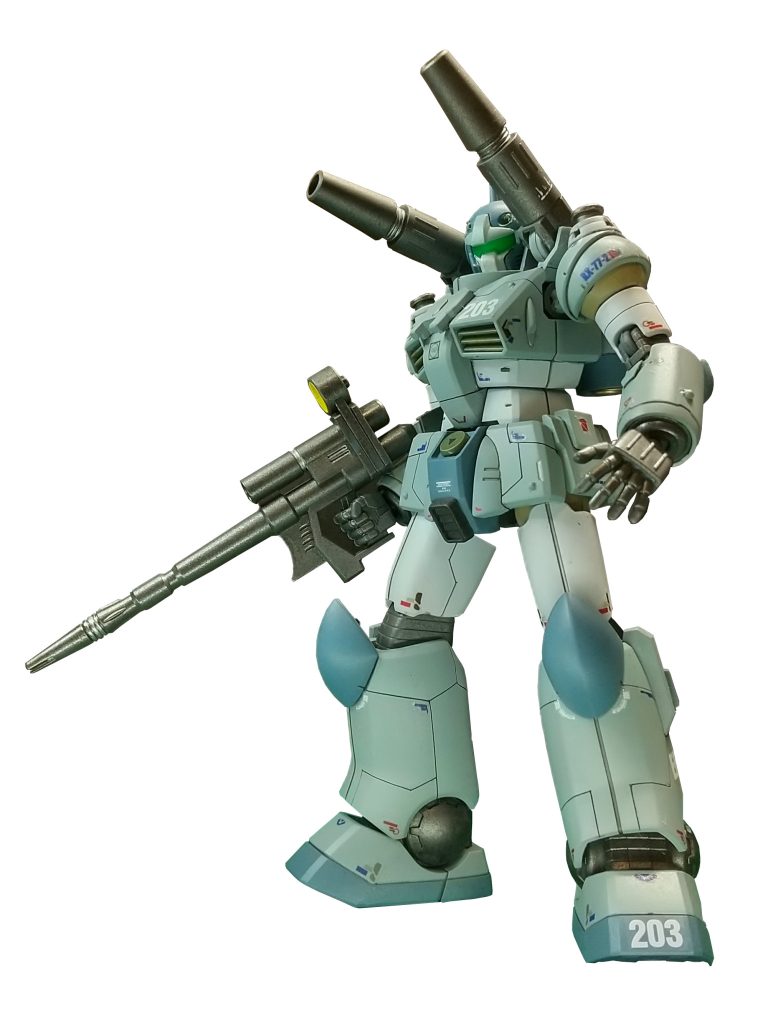 AFTER。脳内設定は、一年戦争で中破した機体が紆余曲折の末、地球(ア・バオア・クーから・・・)に。KARABA勢力圏下の倉庫で眠っていたのをガンキャノンに愛着のあるハヤトが見つけ、改修。パワーアップしているので、冷却面の強化がされている。