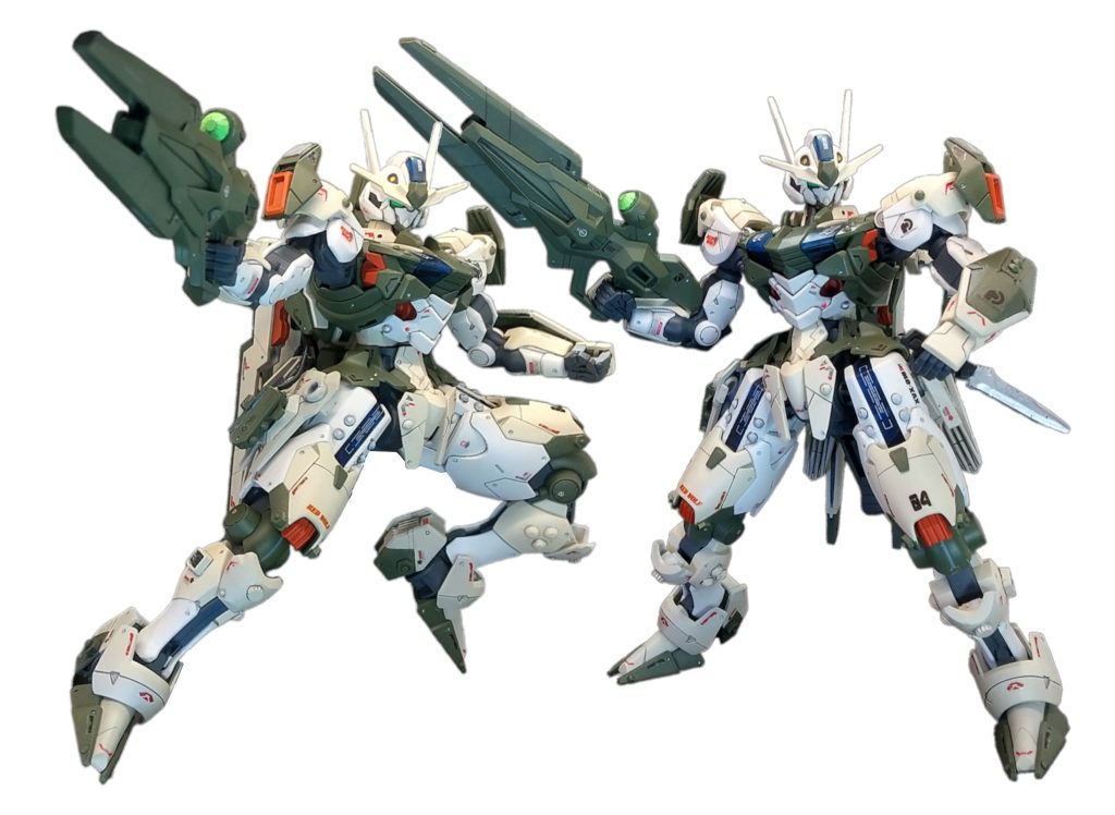 近接戦では、ショートレンジ(?)レールガンとアーマシュナイダー。疑似パーメットスコア６なのでパイロットへの負担がやばい機体💦。肩には、左右反転した黒いガンダム株式会社マーク。いかにもブラックカンパニー！