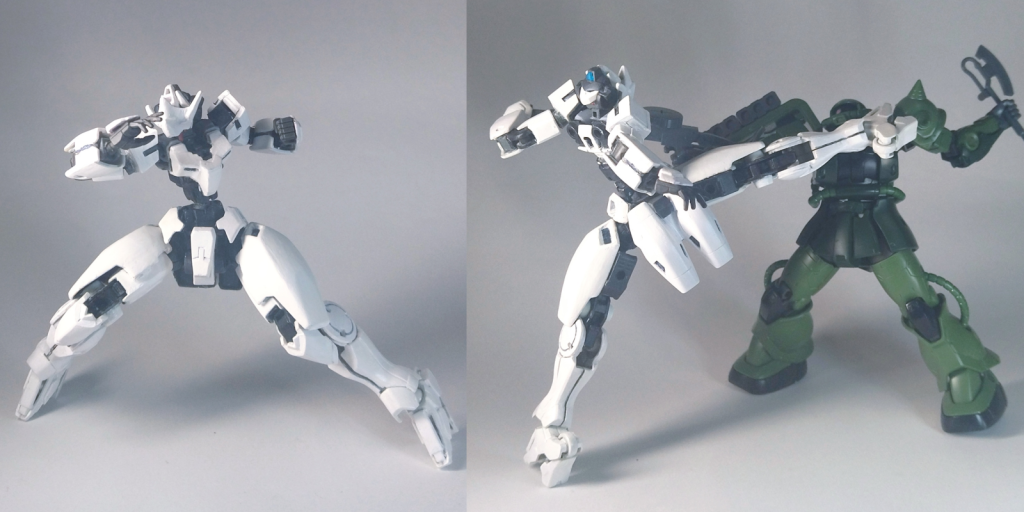 武器が無くなってもさして問題にはならず、広い可動域を活かした格闘戦も得意とします。ハイキックも余裕。多分ザクマシンガン等の手で持つだけの武器なら使えるので、武器をとっかえひっかえしながら戦う泥臭い戦法も可能かと。