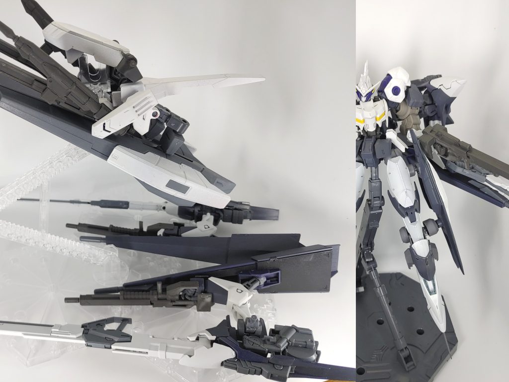 支援飛行ユニットのメイン武装であるロング・ブレード・ライフルとビーム・ピストル、マシンガンのセットを外してサブアームとして本体に接続。ロング・ブレード・ライフルはサブアームに持たせて、サブアームが持っていたマシンガンは本体が装備。なお本体が持っていたGNソードライフルは支援飛行ユニットのメインブースター（ハルートのブースター）に接続。