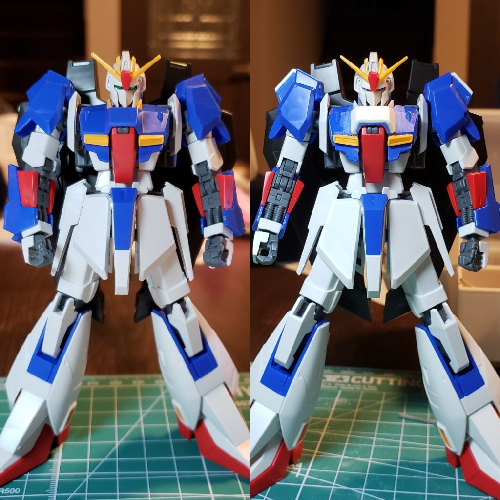 いつもながら素組みして改修ポイントを考えます。①つぶらな瞳をキリッとさせるためにまぶた?を幅増しして調整。②マスクを小顔に削りこみ。③エリですが…さすがに狭すぎませぬかバンダイさん…外側にプラ板貼って内側を削り、土台の部分も調整。④胸部の真ん中のブロックを大型化。⑤胴体を内部の接続部にスペーサーかまして1mm延長。⑥肩の外側を1mm延長。⑦フロントアーマーを縦横延長。⑧足を太もも付け根で2.5mm延長。⑨めちゃ窮屈だったのでバインダー基部を3mm延長。