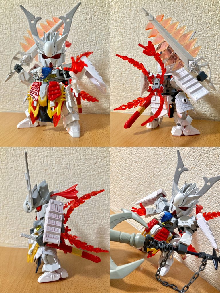 主にLGBB武者頑駄無、ファーストガンダム大将軍、信長ガンダムエピオン等から鎧甲冑パーツを取り入れて造型しました。三国志武将ベースに日本の武士+海賊、とモチーフが混み合って最初は難儀しましたが、最終的にそれらしくまとまって良かったです。全身にボールデンアームアームズを仕込んだ可動改修済みで結構動きます。